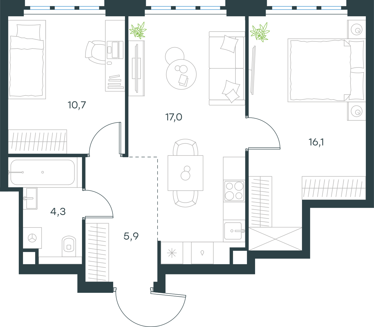 Планировка: 2-комнатная, 54 м²