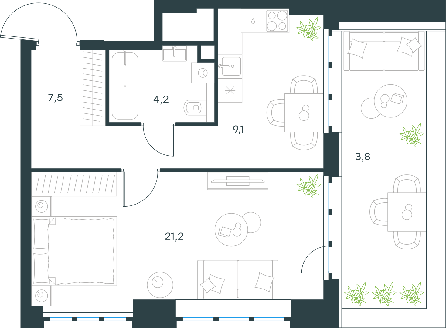 Планировка: 1-комнатная, 45,8 м²
