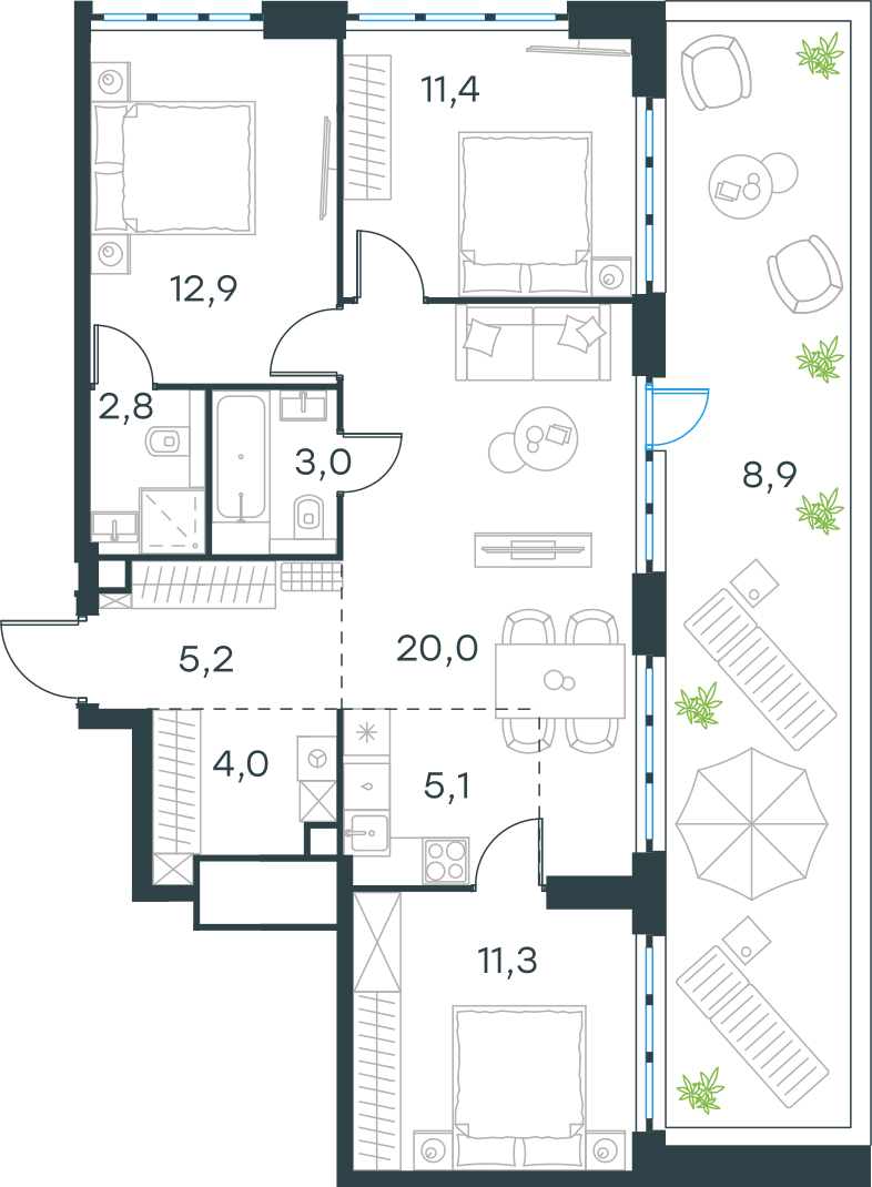 Планировка: 4-комнатная, 84,6 м²