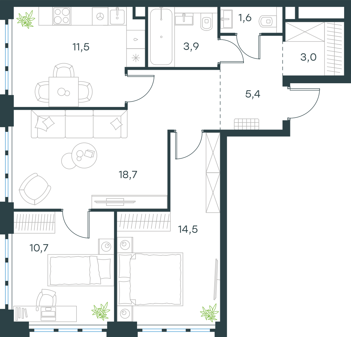 Планировка: 3-комнатная, 69,3 м²
