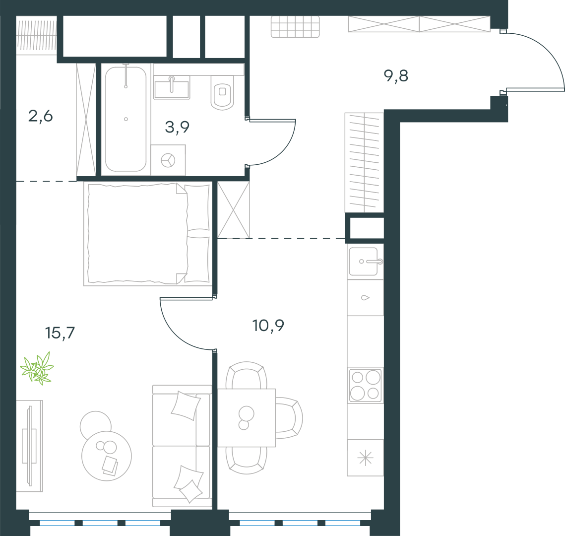 Планировка: 1-комнатная, 42,9 м²