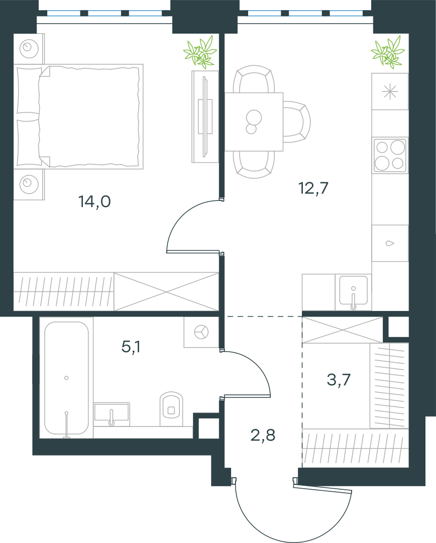Планировка: 1-комнатная, 38,3 м²