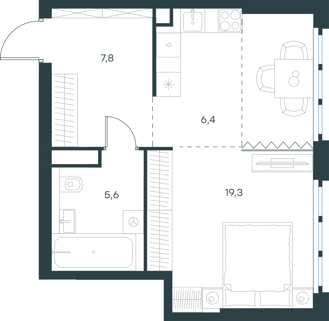 Планировка: 1-комнатная, 39,1 м²