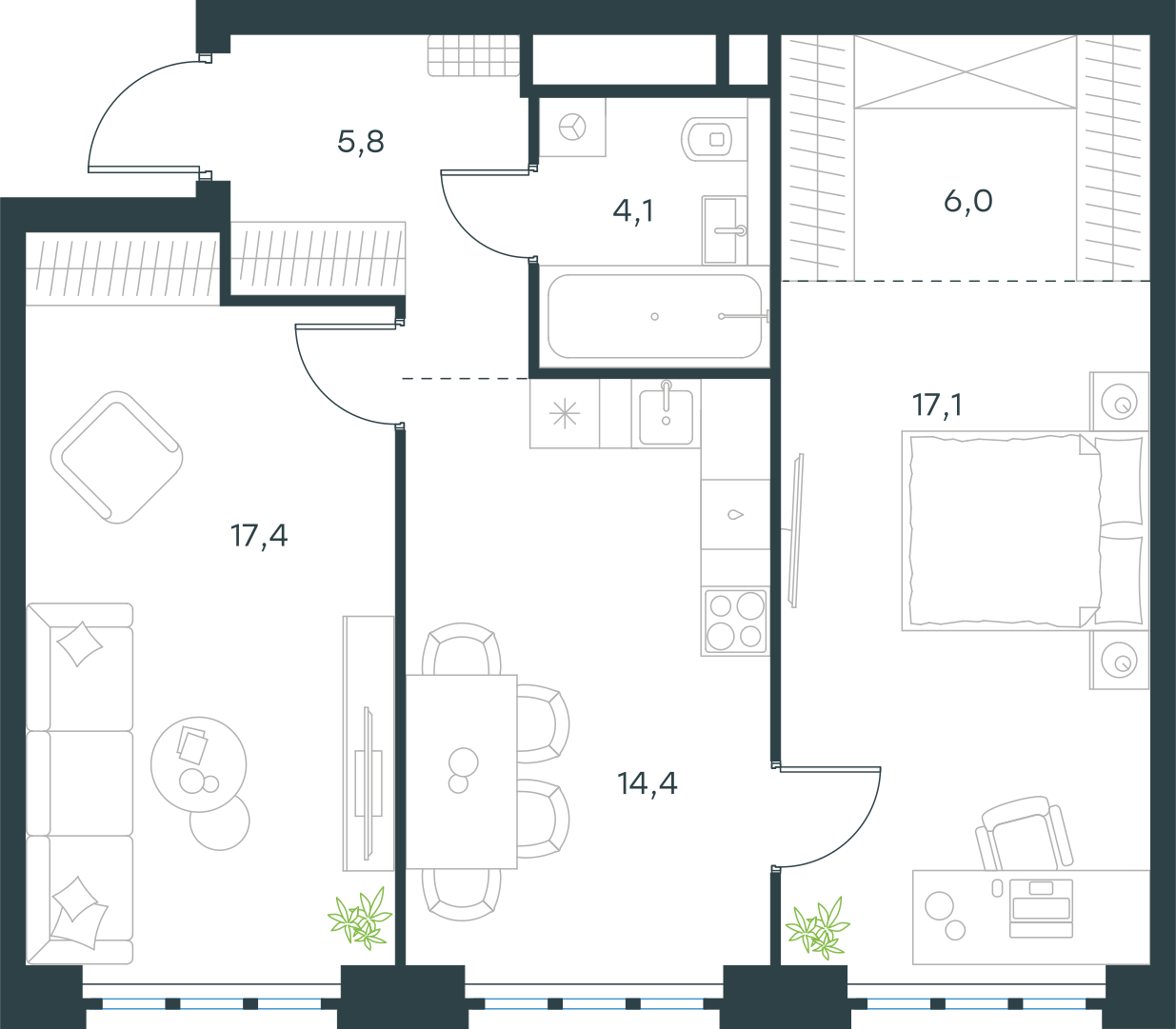 Планировка: 2-комнатная, 64,8 м²