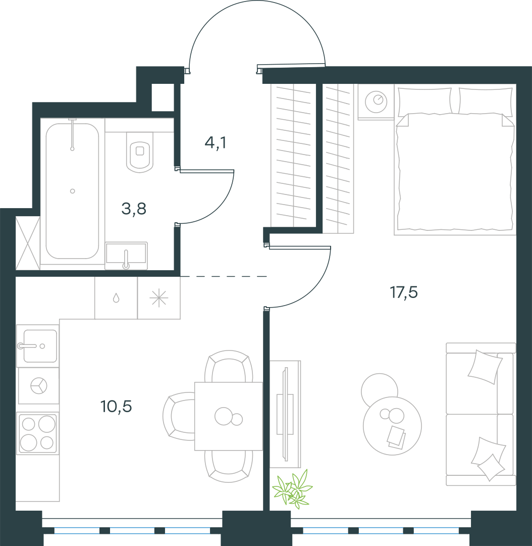 Планировка: 1-комнатная, 35,9 м²