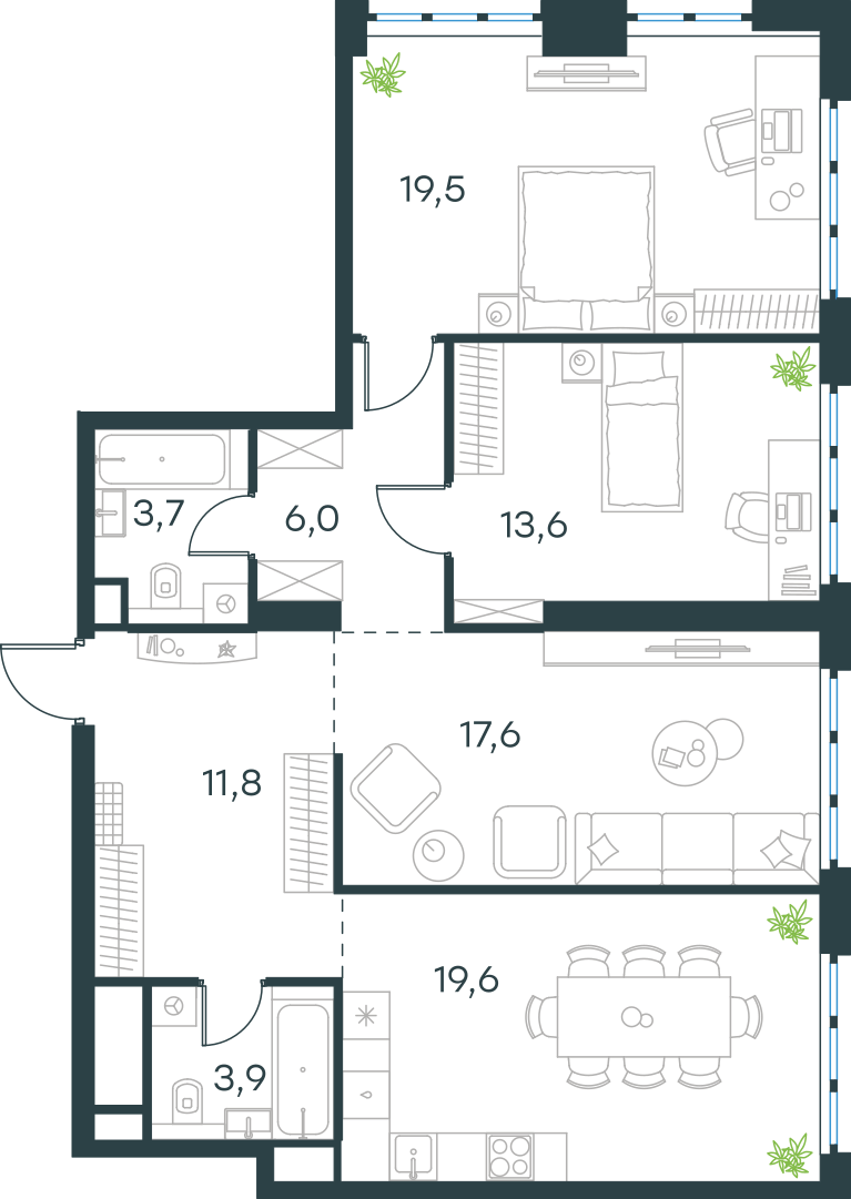 Планировка: 3-комнатная, 95,7 м²
