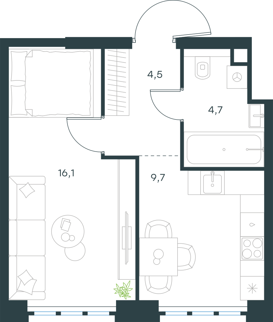 Планировка: 1-комнатная, 35 м²