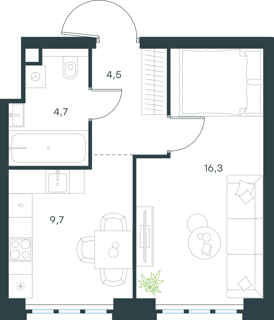 Планировка: 1-комнатная, 35,2 м²