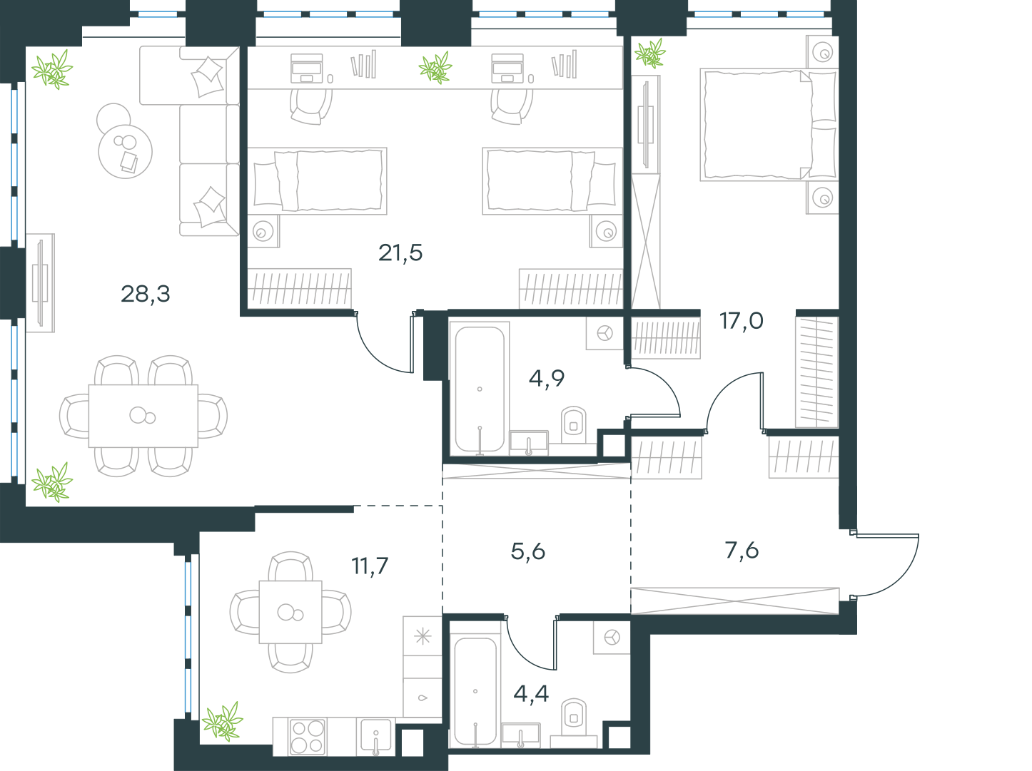 Планировка: 3-комнатная, 101 м²