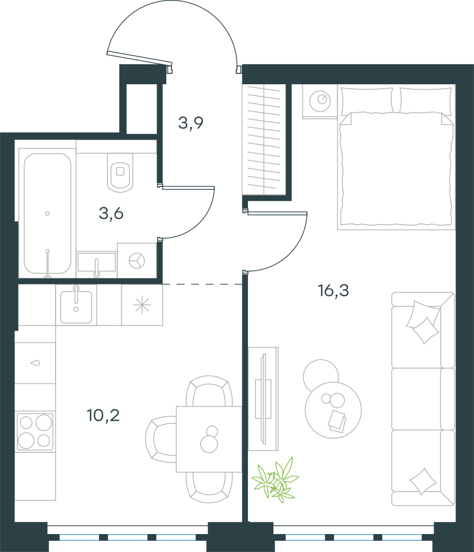 Планировка: 1-комнатная, 34 м²