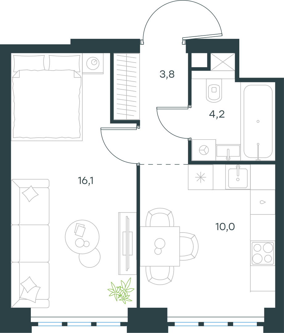 Планировка: 1-комнатная, 34,1 м²