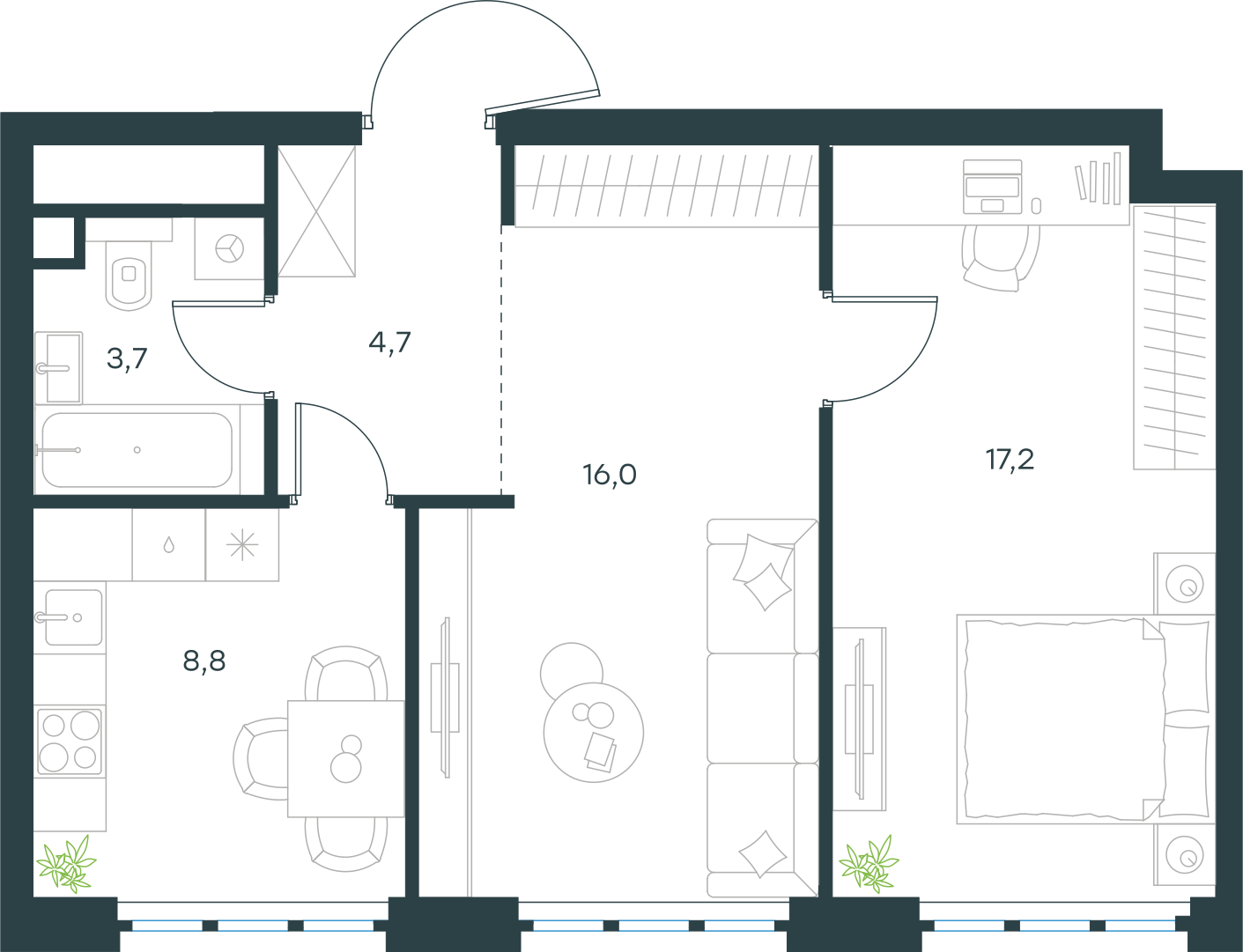 Планировка: 2-комнатная, 50,4 м²