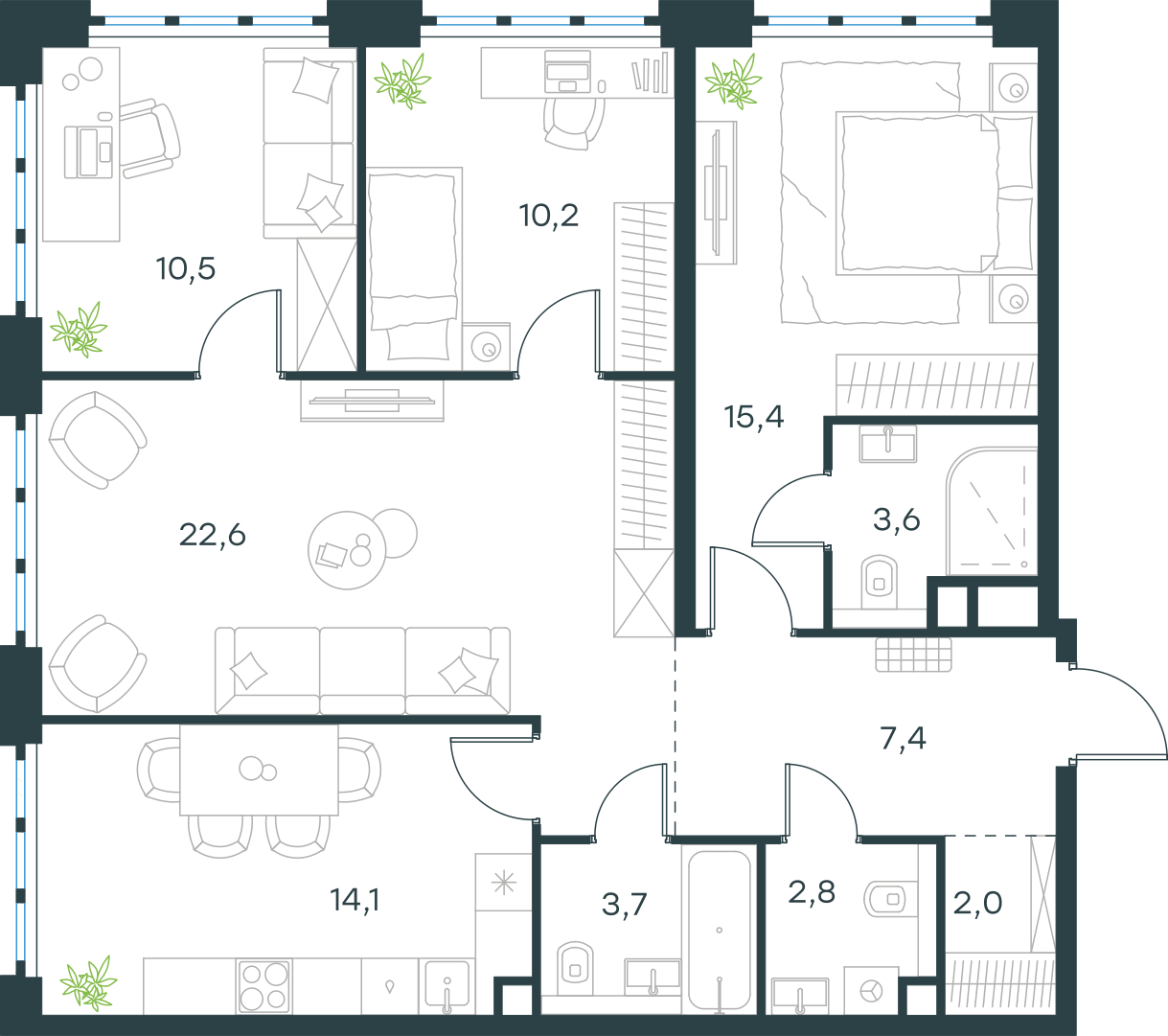 Планировка: 4-комнатная, 92,3 м²