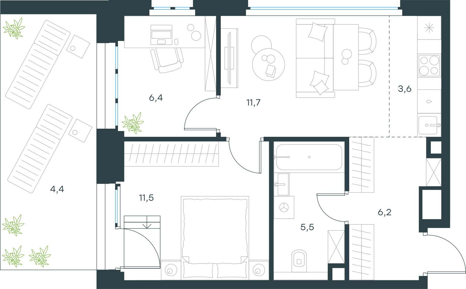 Планировка: 3-комнатная, 49,3 м²