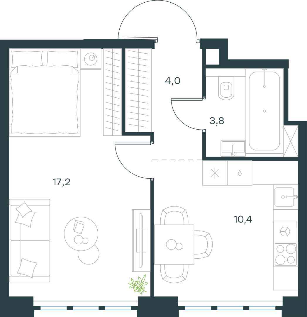 Планировка: 1-комнатная, 35,4 м²
