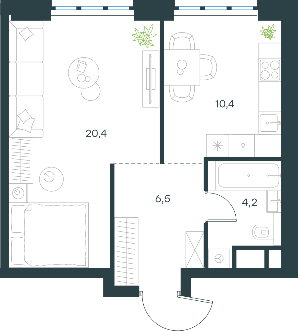 Планировка: 1-комнатная, 41,5 м²