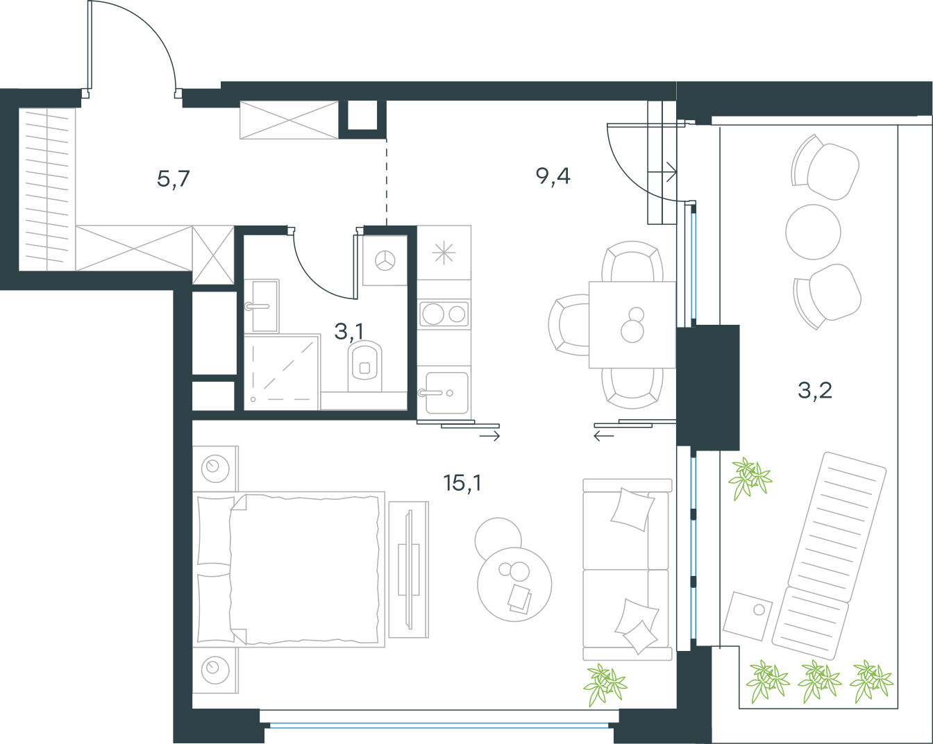 Планировка: 1-комнатная, 36,5 м²