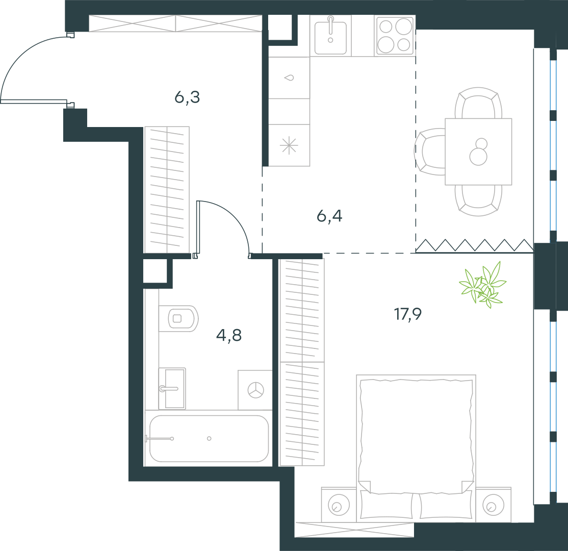 Планировка: 1-комнатная, 35,4 м²