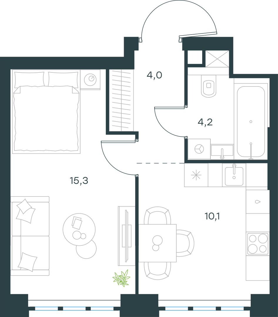 Планировка: 1-комнатная, 33,6 м²