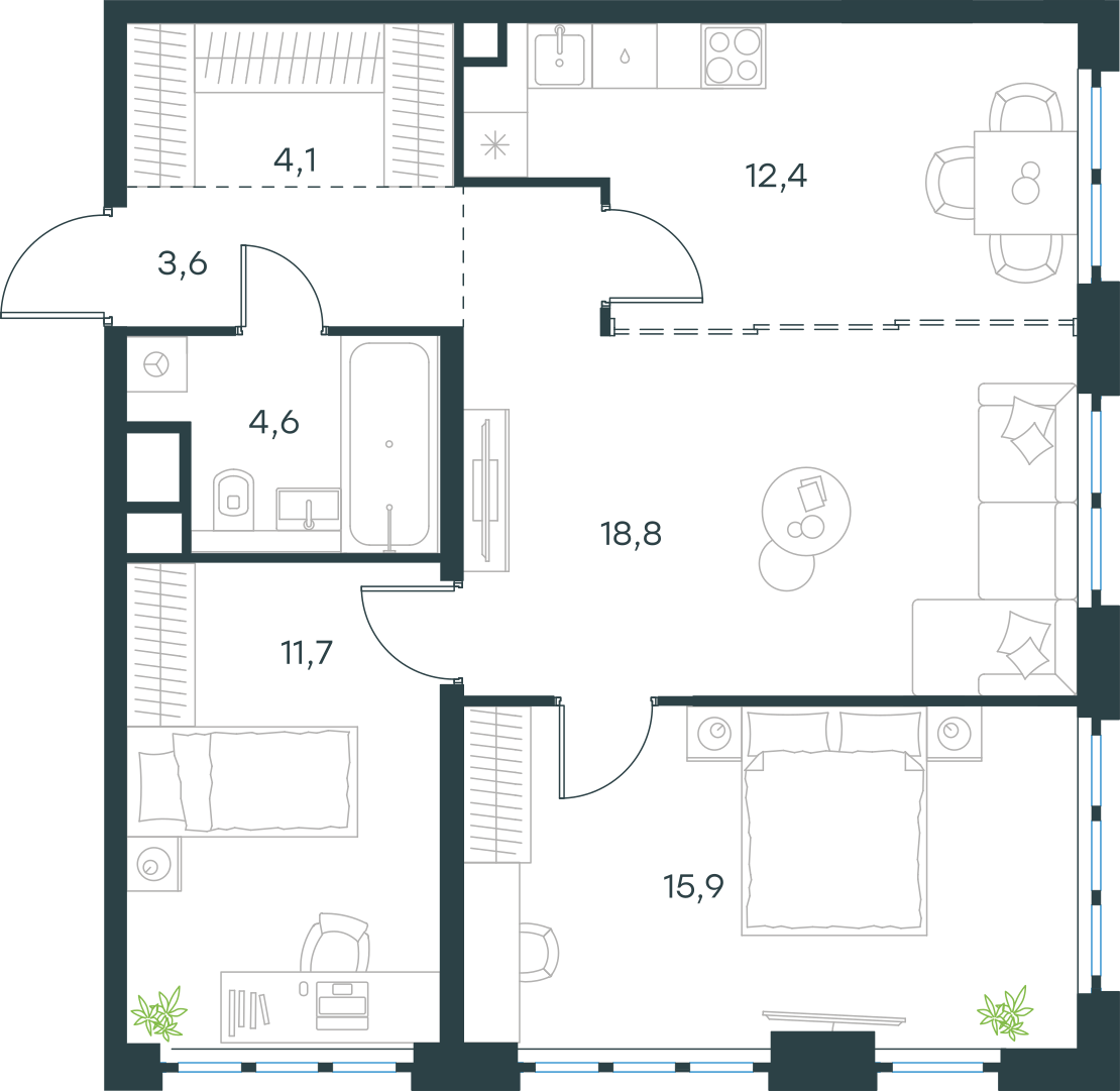 Планировка: 3-комнатная, 71 м²