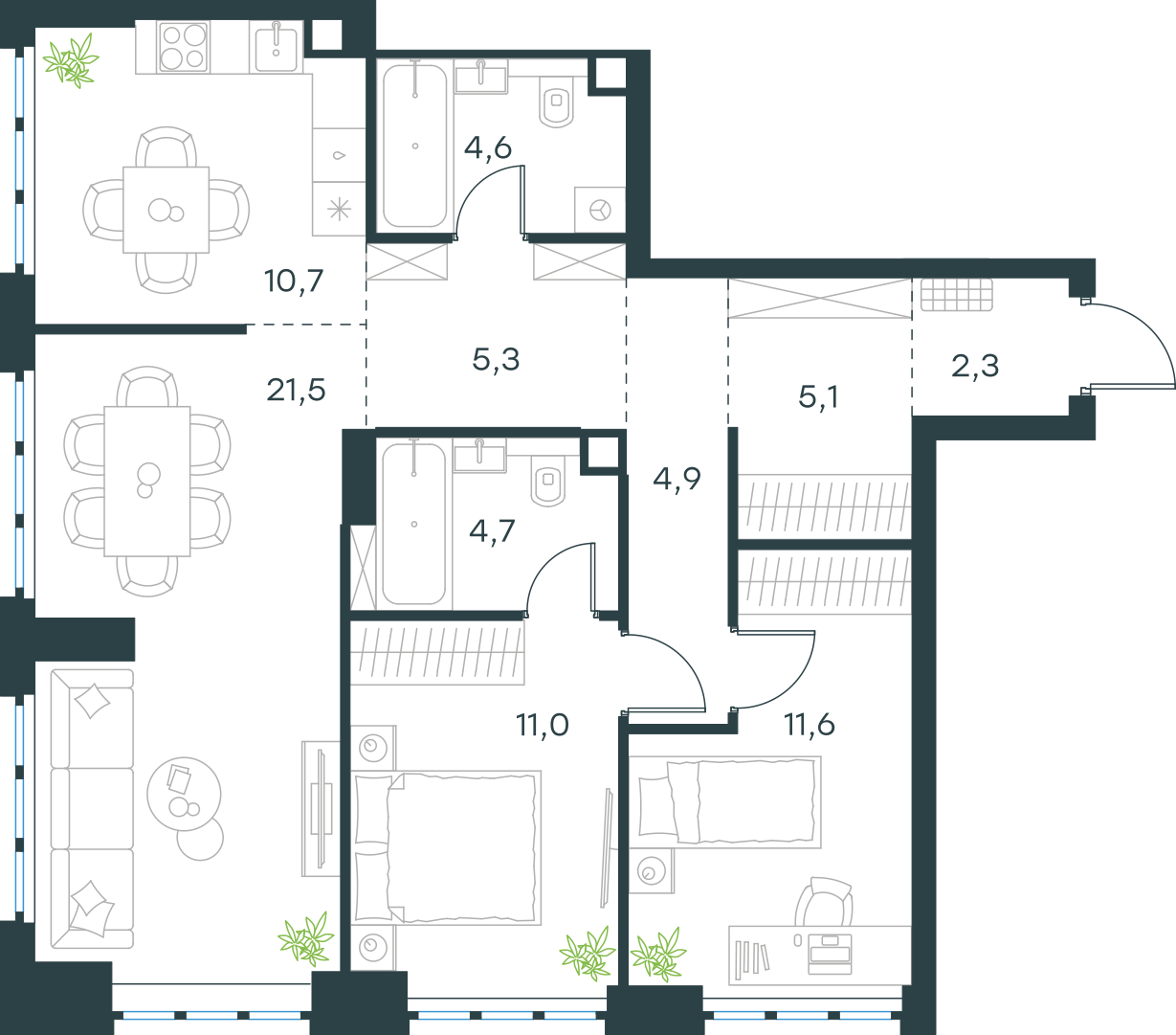 Планировка: 3-комнатная, 81,7 м²