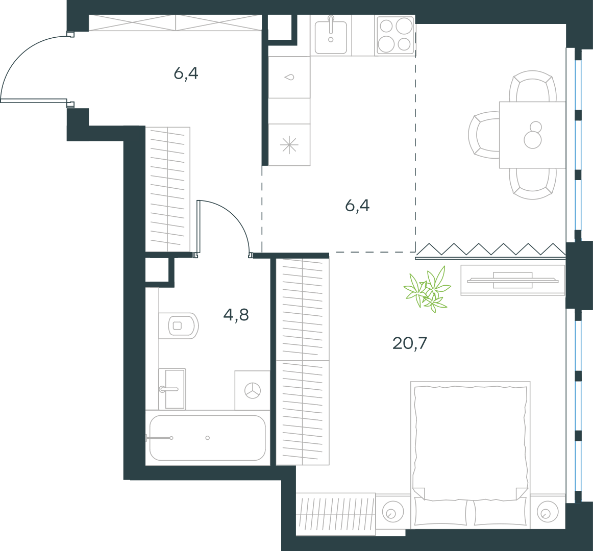 Планировка: 1-комнатная, 38,3 м²