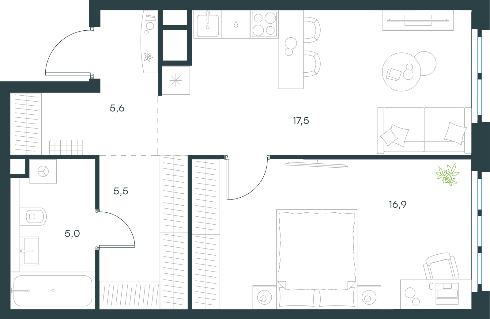 Планировка: 1-комнатная, 50,5 м²