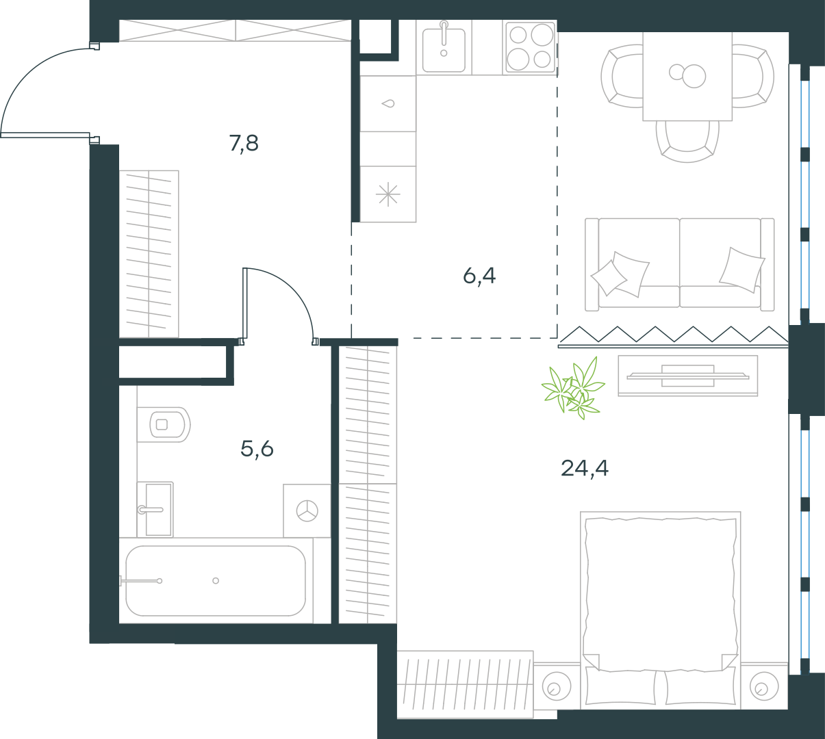 Планировка: 1-комнатная, 44,2 м²