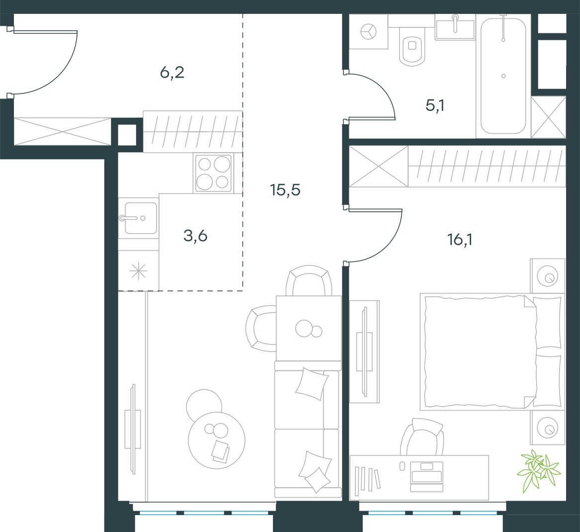 Планировка: 2-комнатная, 46,5 м²