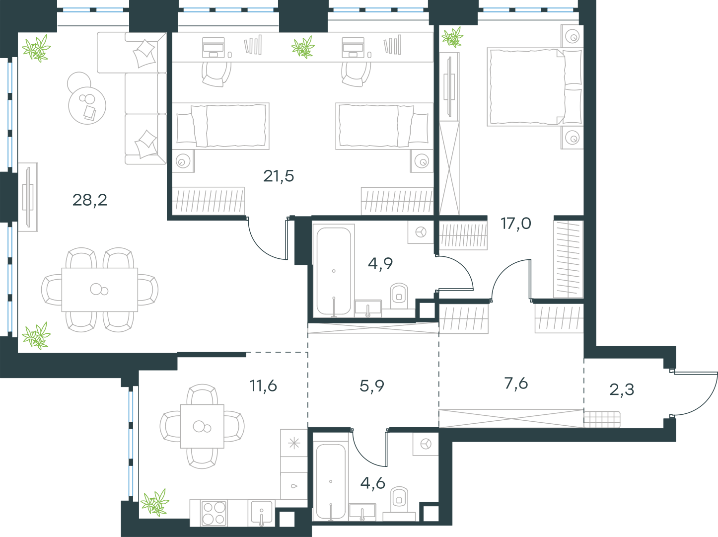 Планировка: 3-комнатная, 103,6 м²