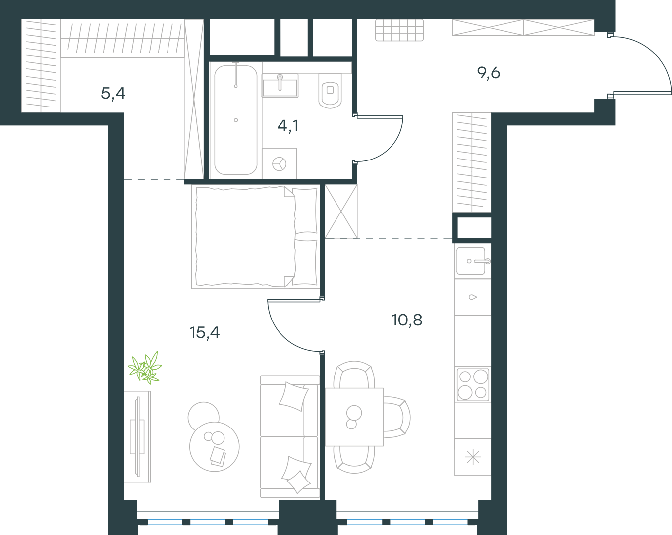 Планировка: 1-комнатная, 45,3 м²