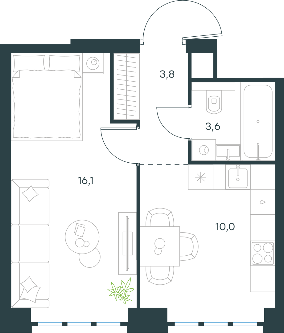 Планировка: 1-комнатная, 33,5 м²