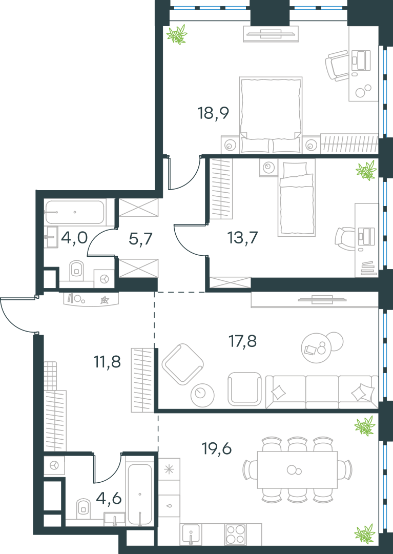 Планировка: 3-комнатная, 96 м²