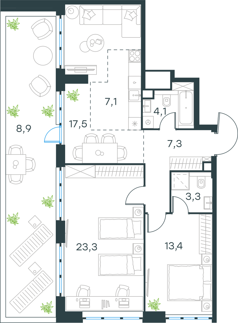 Планировка: 3-комнатная, 84,9 м²
