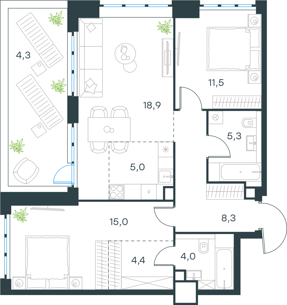 Планировка: 3-комнатная, 76,7 м²
