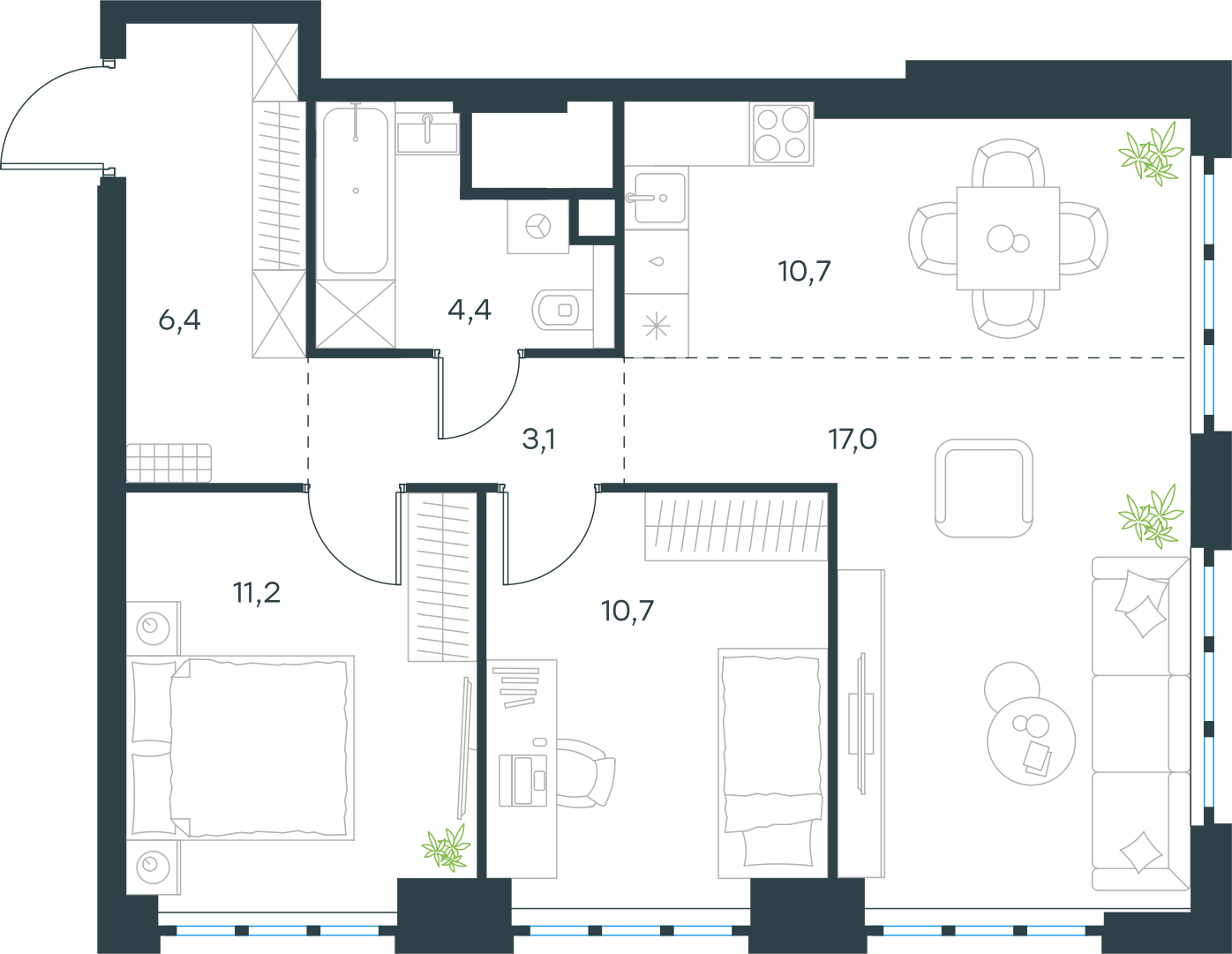 Планировка: 3-комнатная, 63,5 м²