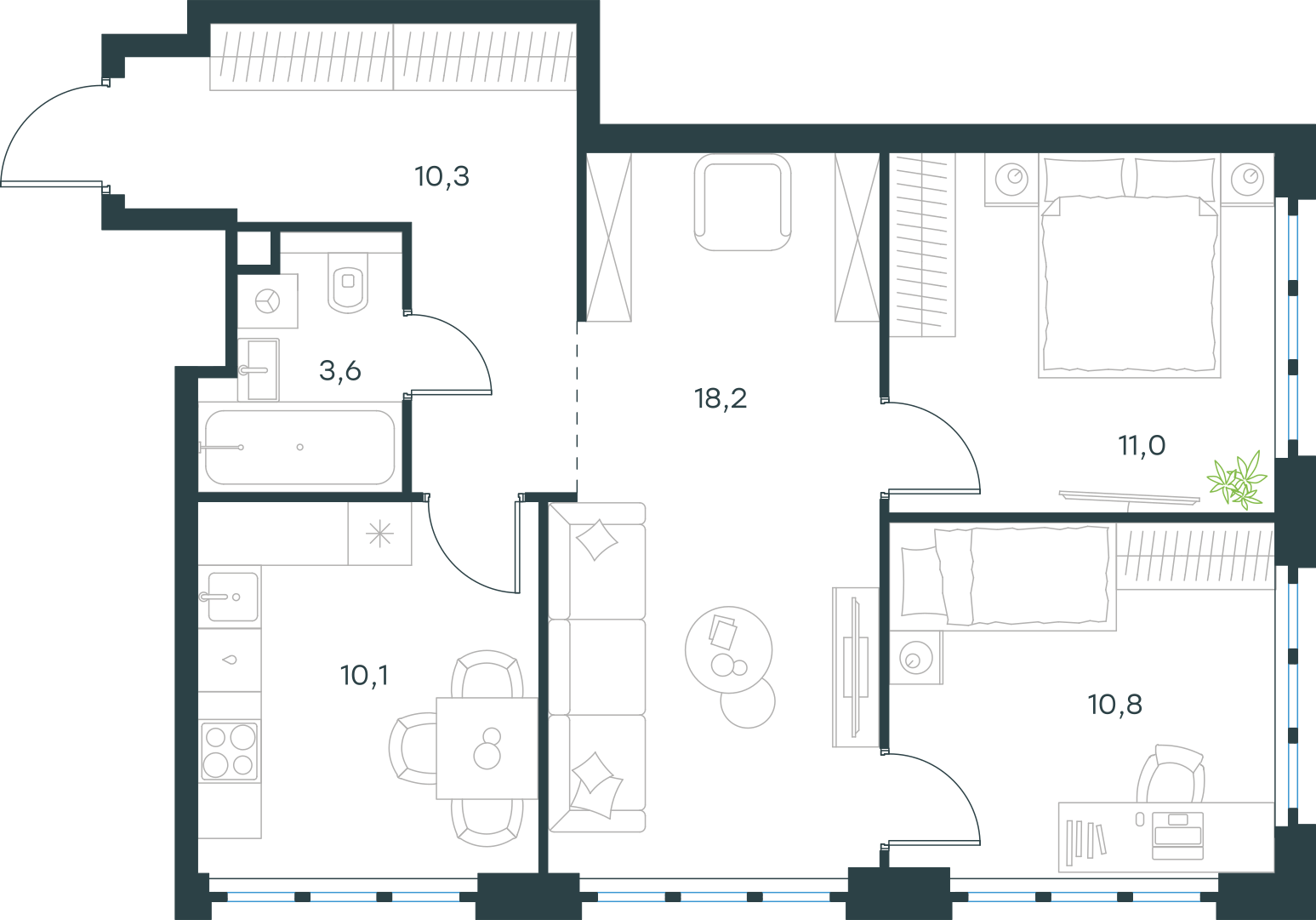 Планировка: 3-комнатная, 64 м²