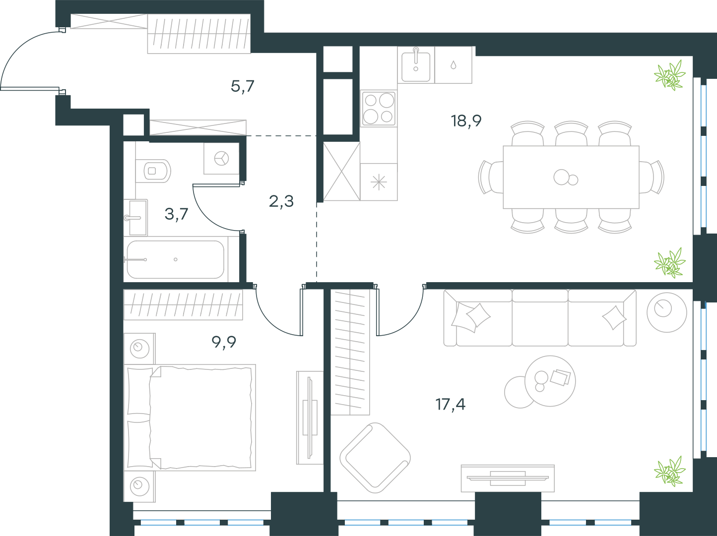 Планировка: 2-комнатная, 57,9 м²