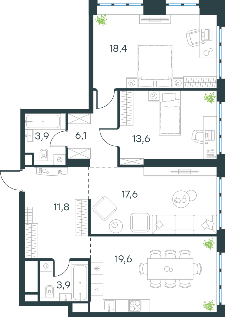 Планировка: 3-комнатная, 94,9 м²