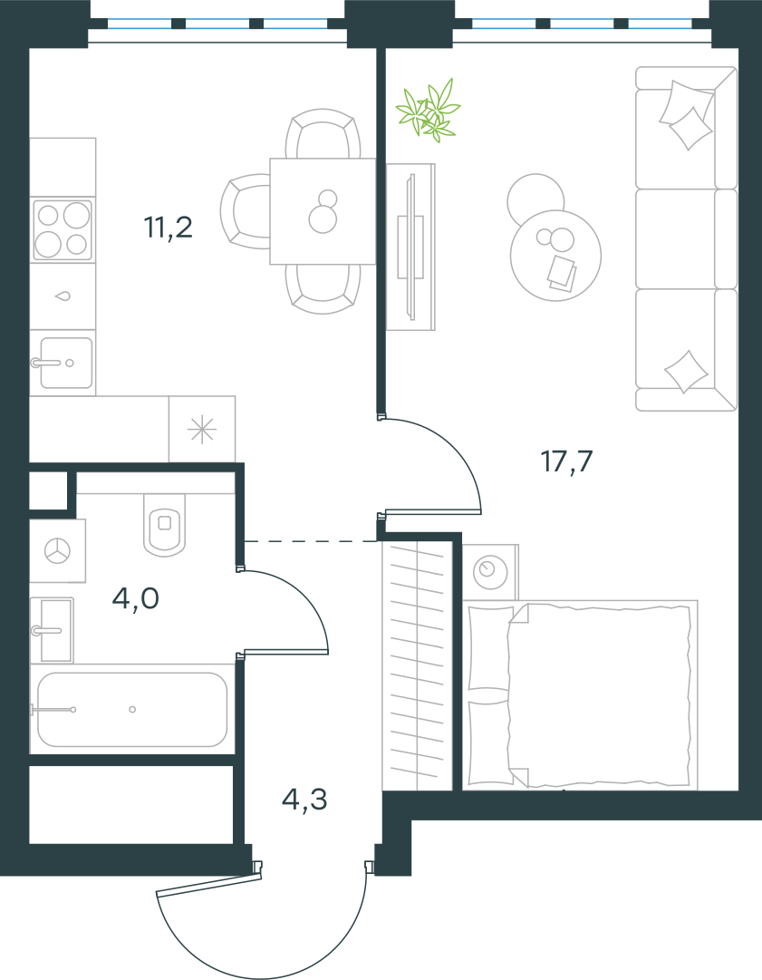 Планировка: 1-комнатная, 37,2 м²
