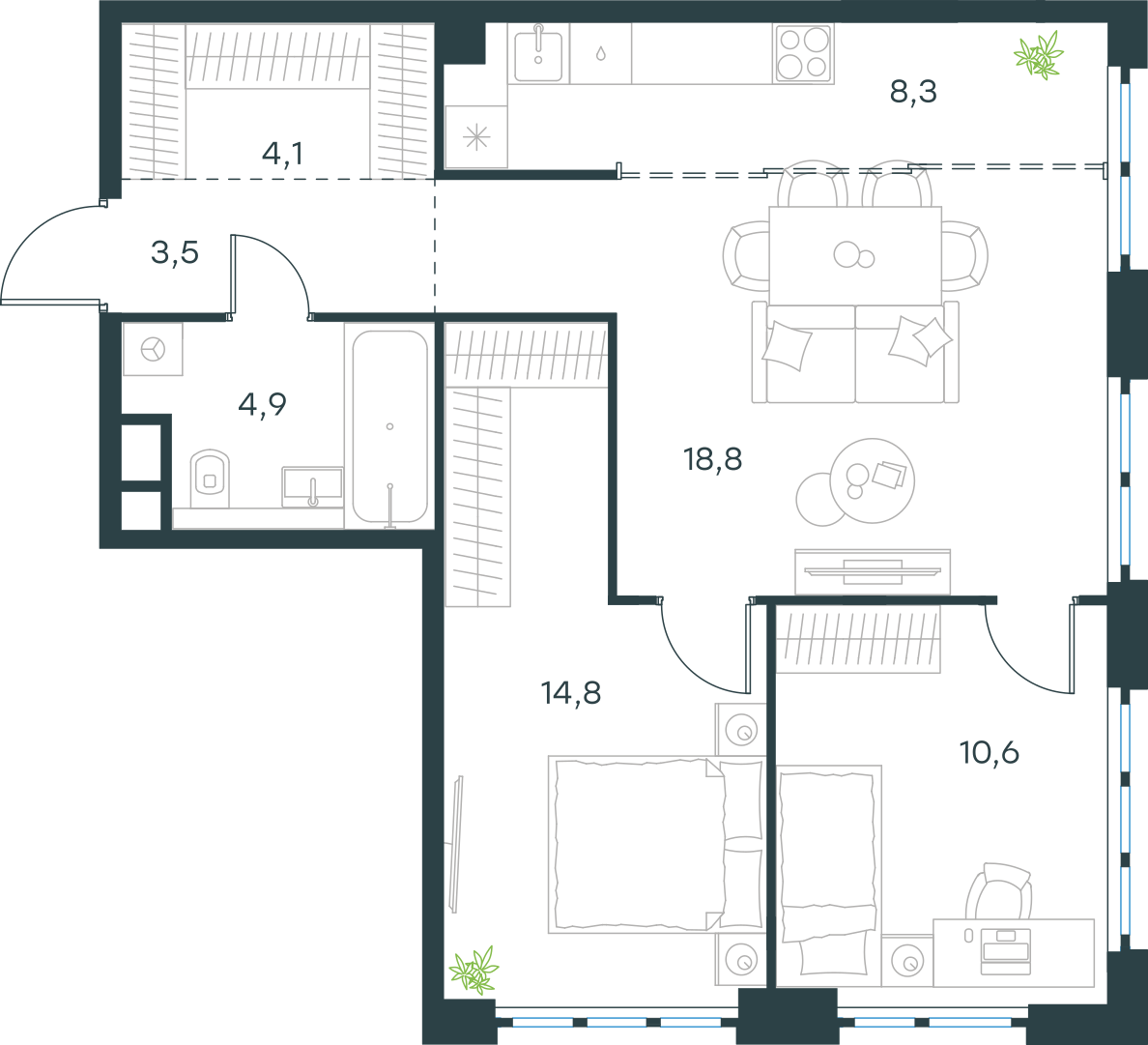 Планировка: 3-комнатная, 65,1 м²