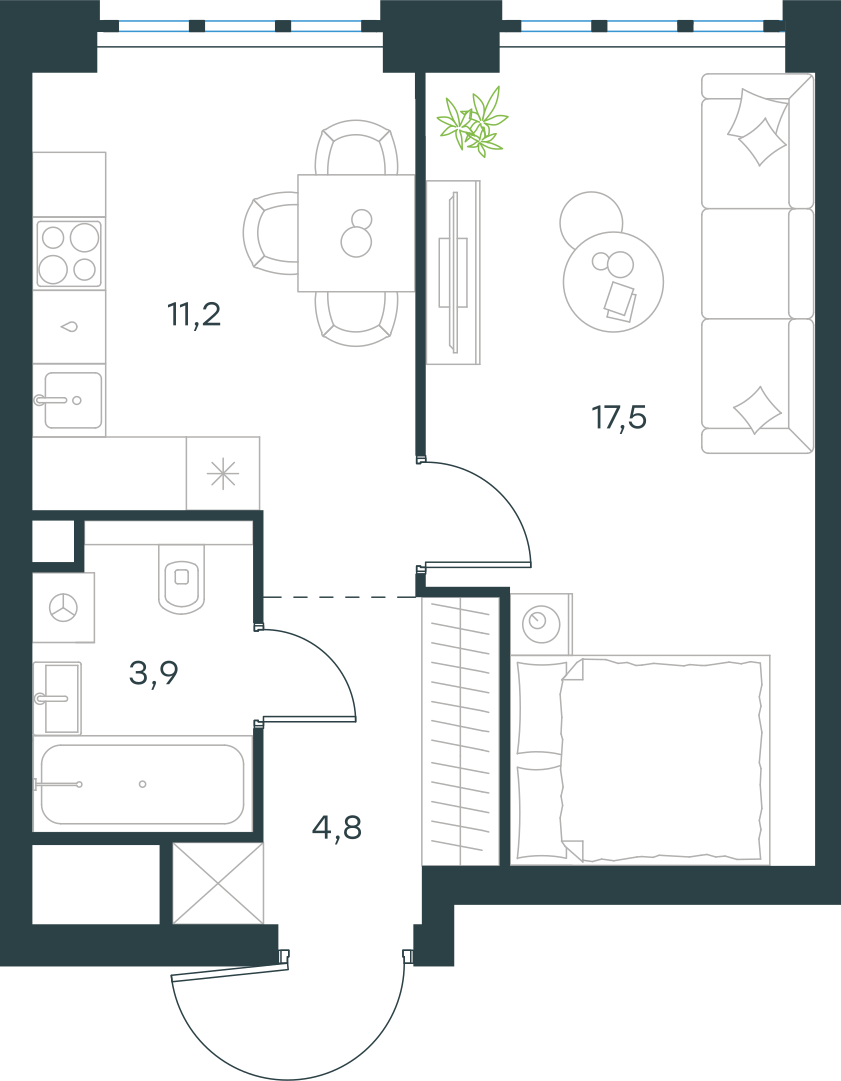 Планировка: 1-комнатная, 37,4 м²