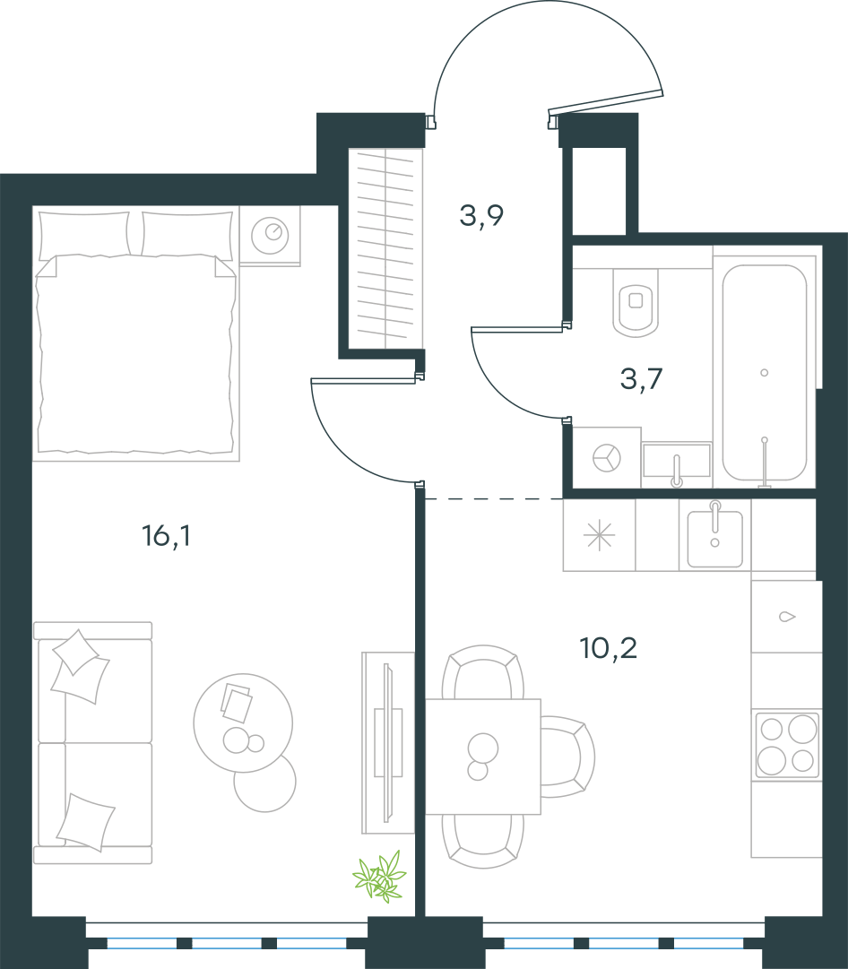 Планировка: 1-комнатная, 33,9 м²