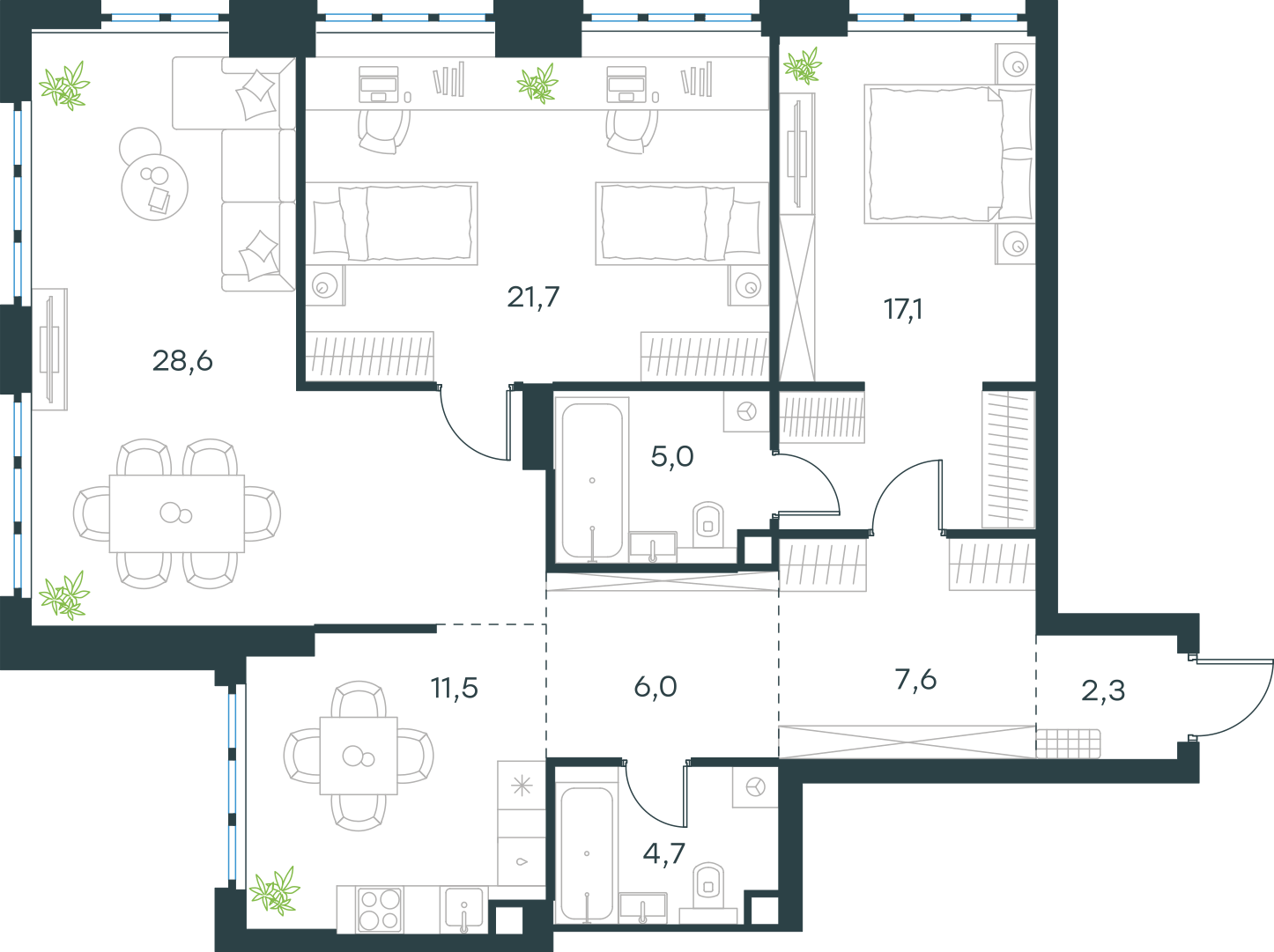 Планировка: 3-комнатная, 104,5 м²