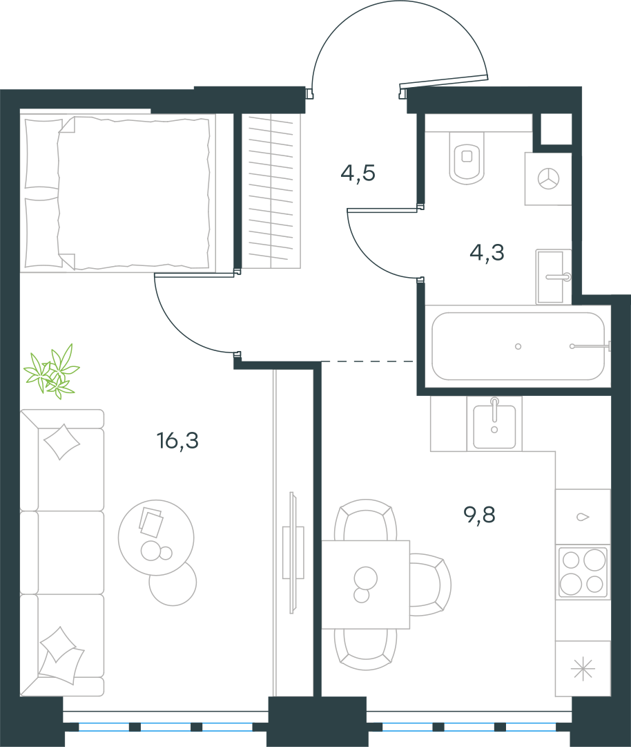 Планировка: 1-комнатная, 34,9 м²