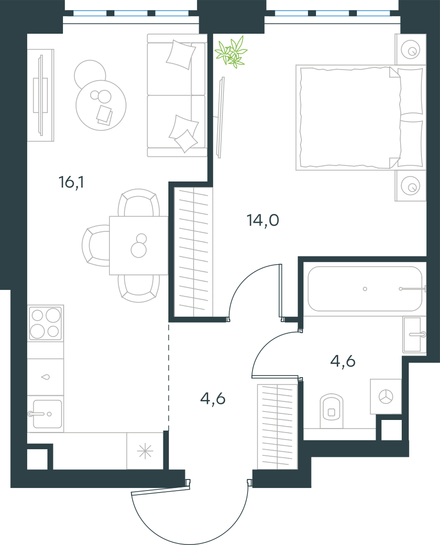 Планировка: 1-комнатная, 39,3 м²