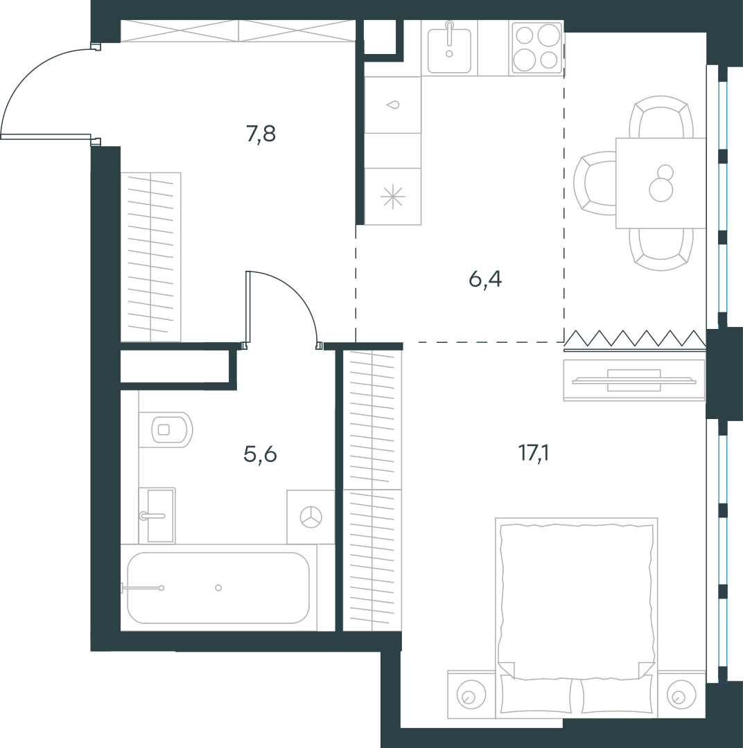 Планировка: 1-комнатная, 36,9 м²