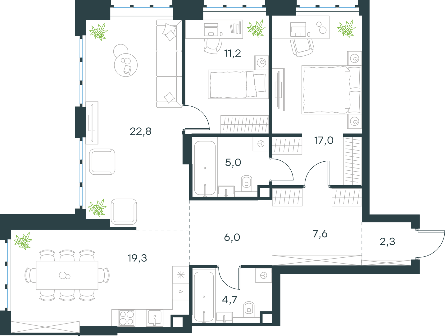 Планировка: 3-комнатная, 95,9 м²