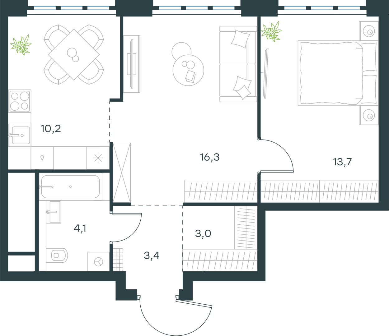 Планировка: 2-комнатная, 50,7 м²