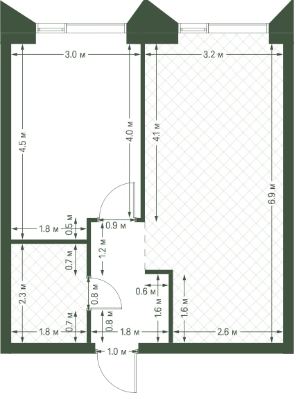 Планировка: 1-комнатная, 42,7 м²